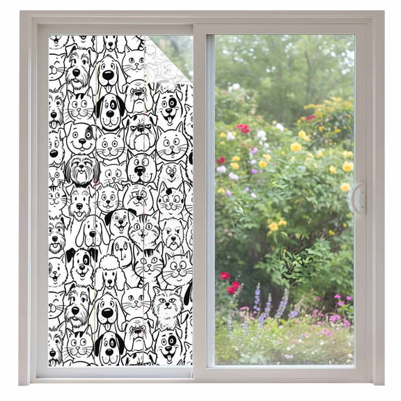 Cartoon Cat Window Privacy Film, Cute Dog Black White Line Animal Abstract Puppy Frosted Glass Window Clings Static Cling UV Heat Blocking Reusable Door Sticker for Bathroom 35.4 x 78.7 Inch