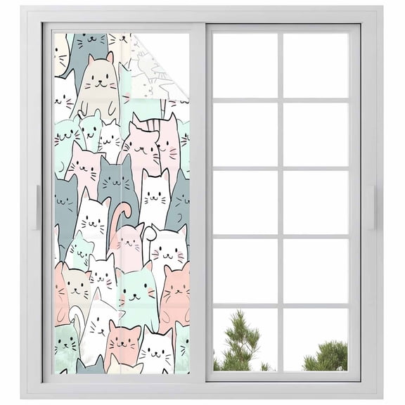 Cartoon Cat Window Privacy Film, Funny Cute Colorful Animal Pet Static Cling UV Sun Blocking Heat Control Window Tint Day and Night, Non-Adhesive Reusable One Way Windows Privacy Cover 23.6''x59''