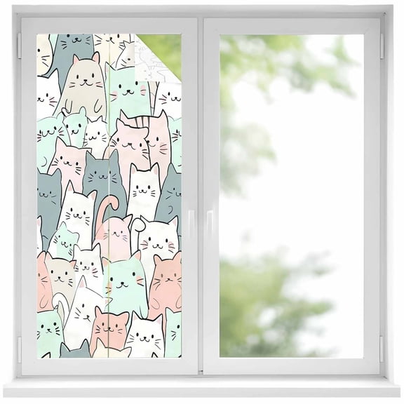 Cartoon Cat Window Privacy Film, Funny Cute Colorful Animal Pet Static Cling UV Sun Blocking Heat Control Window Tint Day and Night, Non-Adhesive Reusable One Way Windows Privacy Cover 19.6''x39.3''