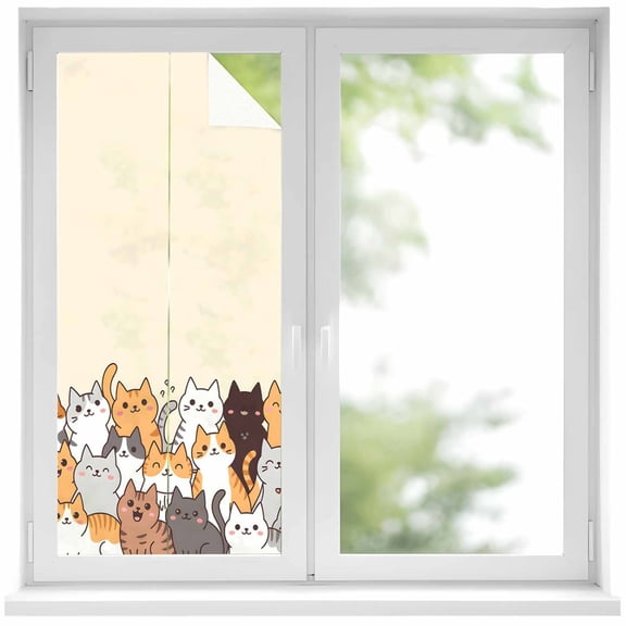 Cartoon Cat Window Privacy Film, Modern Simple Funny Cute Animals Art Static Cling UV Sun Blocking Heat Control Window Tint Day and Night, Non-Adhesive One Way Windows Privacy Cover 17.7''x39.3''