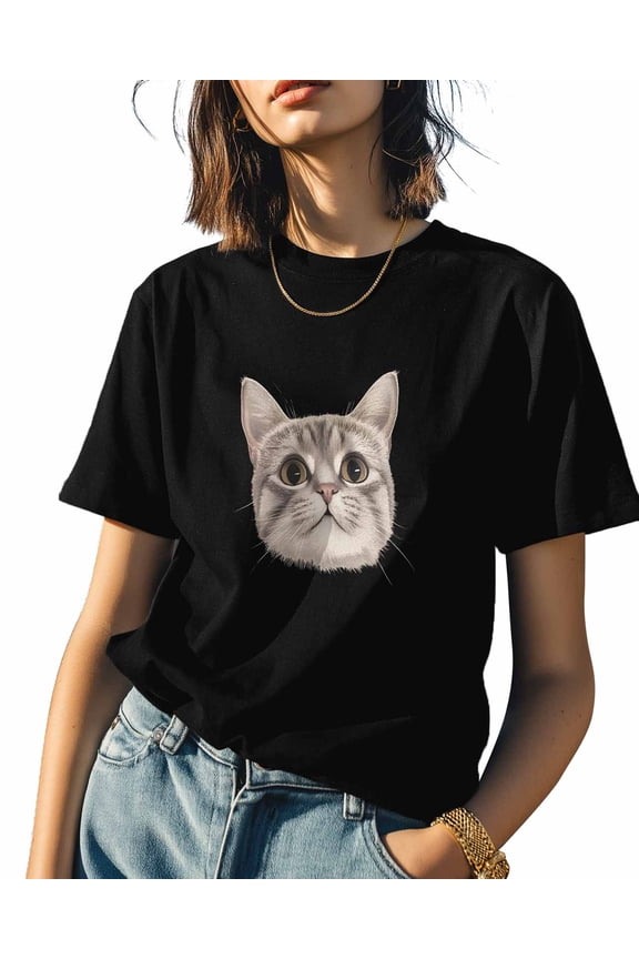 Cartoon Cat Womens Tshirt Graphic Tees Cotton Crew Neck T-Shirts, Casual Short Sleeve Shirts for Women Teen Girl Cute Animal Portrait
