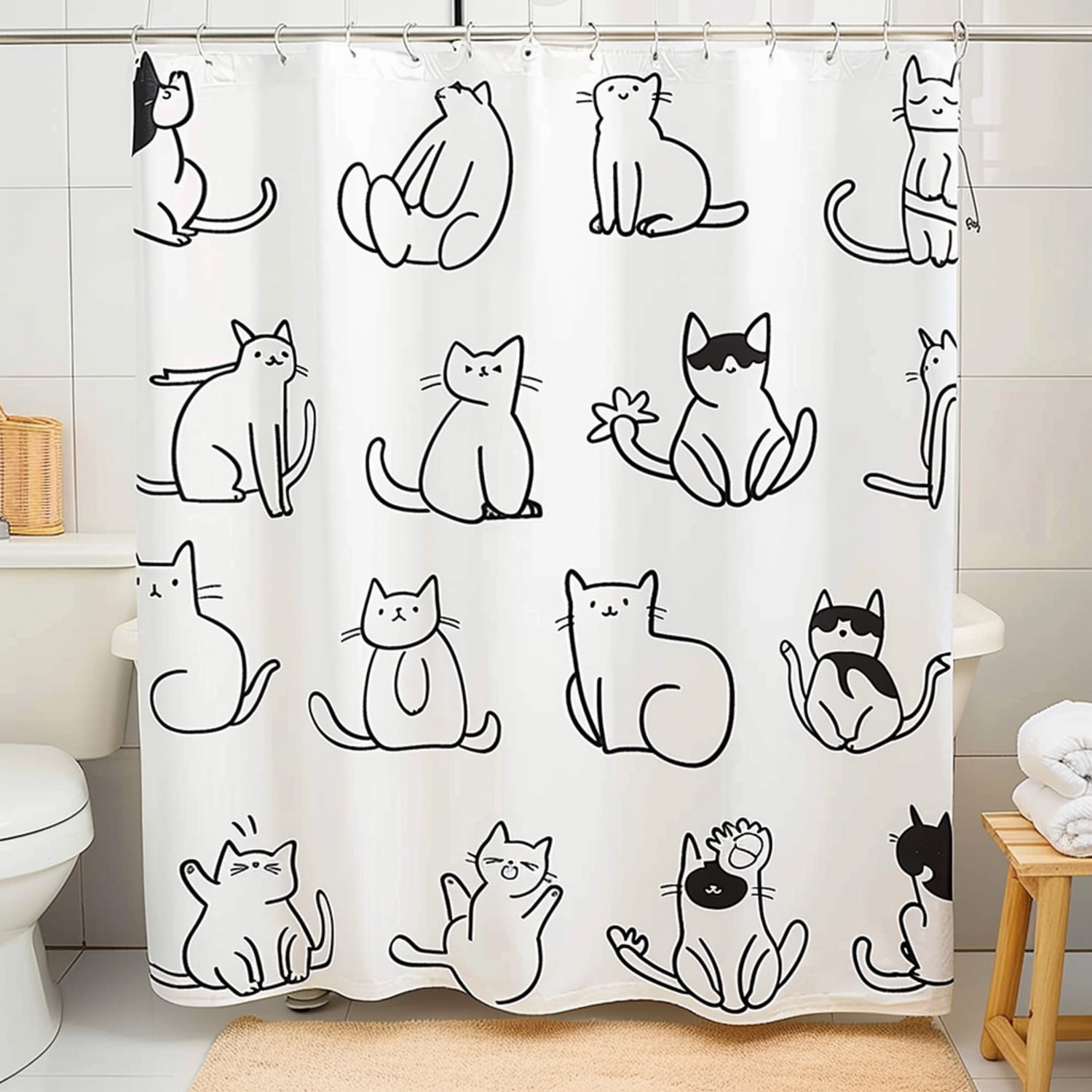 Cartoon Cat Yoga Curtain With Playful Kittens Wall Art Dog Line 