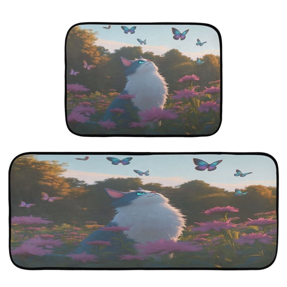 Cartoon Cat and Butterflies 2-Piece Kitchen Carpet Mat Set, Non-Slip Memory Foam, Soft for Kitchen and Living Room Use