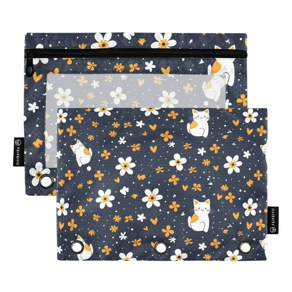 Cartoon Cat and Flower 2 Pack Pencil Pouch for 3 Ring Binder Smooth Zipper Folders with Pockets Clear Window Pencil Case