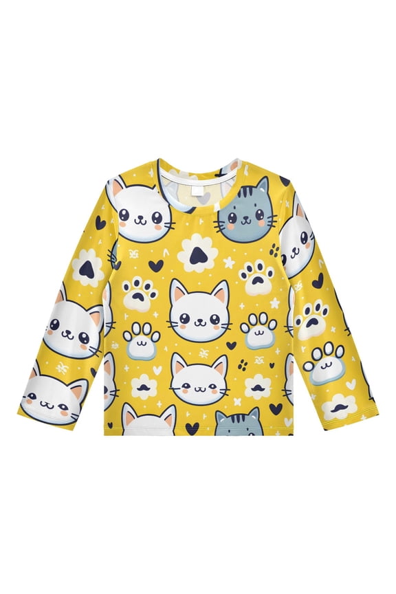 Cartoon Cat and Paw Boys' Rash Guard Shirts UPF 50 Plus Sun Protection Short Sleeve Swim Tees 11-12T
