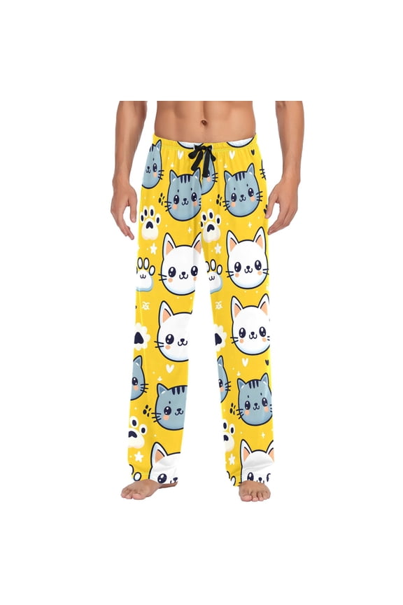 Cartoon Cat and Paw Men's Pajama Pants Cotton Long Sleepwear Lounge Pants XL