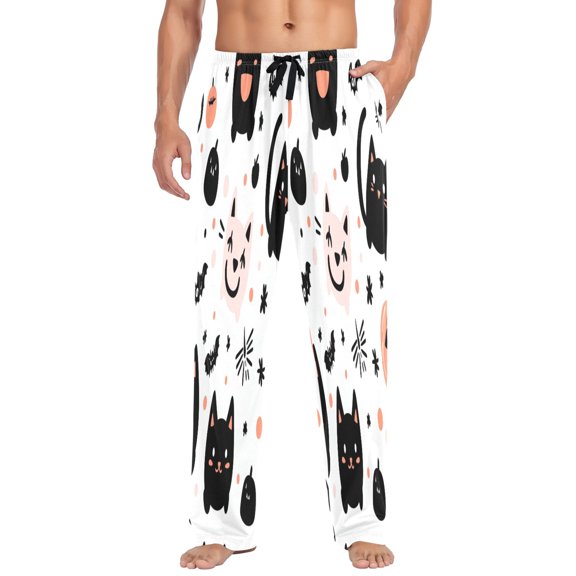 Cartoon Cat and Pumpkin Mens Cotton Pajama Pants Long Staple Lightweight Sleep Bottoms with Pockets Breathable