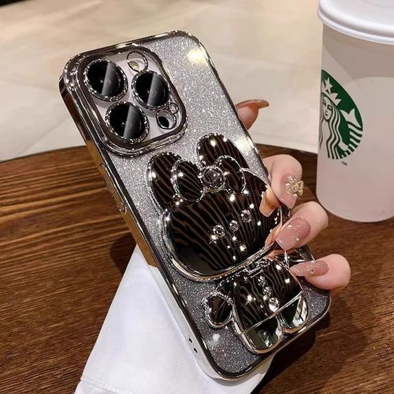 Cartoon Cat makeup mirror Stand phone case suitable for iPhone 16 Pro Max 15 Plus 14 Pro 13 12 11