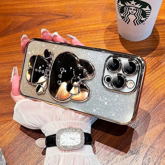 Cartoon Cat makeup mirror Stand phone case suitable for iPhone 16 Pro Max 15 Plus 14 Pro 13 12 11