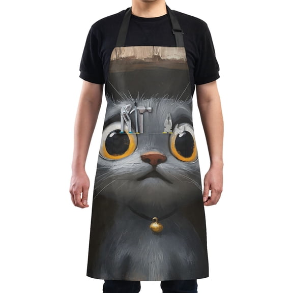 Cartoon Cat with Big Eyes Chef Kitchen Apron with Pockets for Women Waterproof Aprons for Cooking Baking