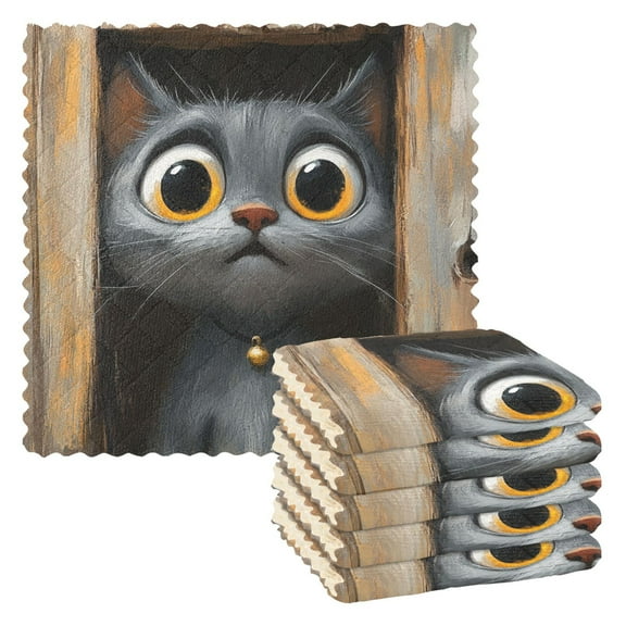 Cartoon Cat with Big Eyes Kitchen Cloth Dish Towels for Drying Washing Absorbent Dish Rags 6 Pack
