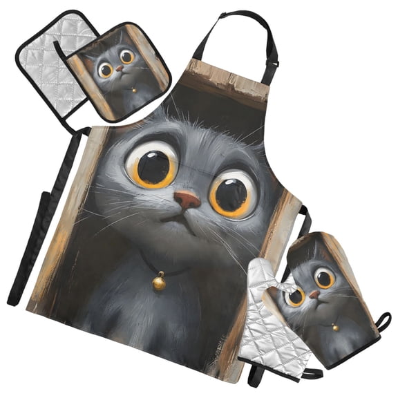 Cartoon Cat with Big Eyes Oven Mitts and Pot Holders with Chef Apron Set 5 Pcs Kitchen Cooking Set