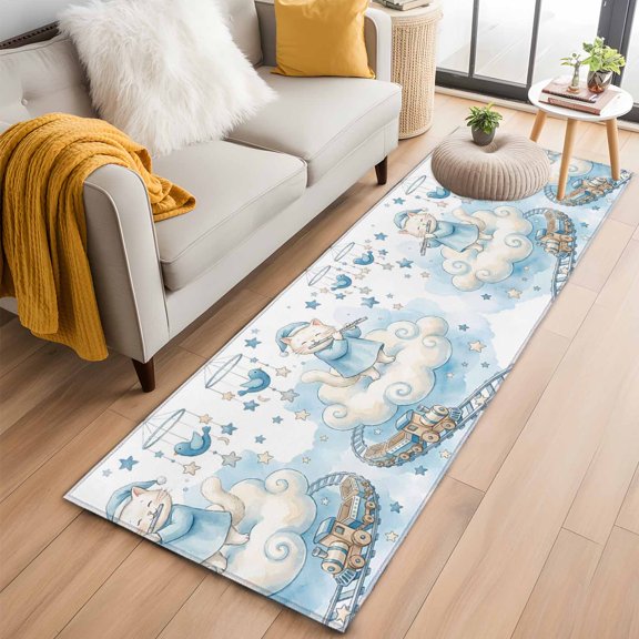 Cartoon Cats 2'x6' Runner Rugs for Hallway Kitchen Bedside Non Slip Washable, Cute Cats Sleeping Dreams Clouds Watercolor Entryway Rug Runners with Rubber Backing, Long Carpet Runner for Laundry Room