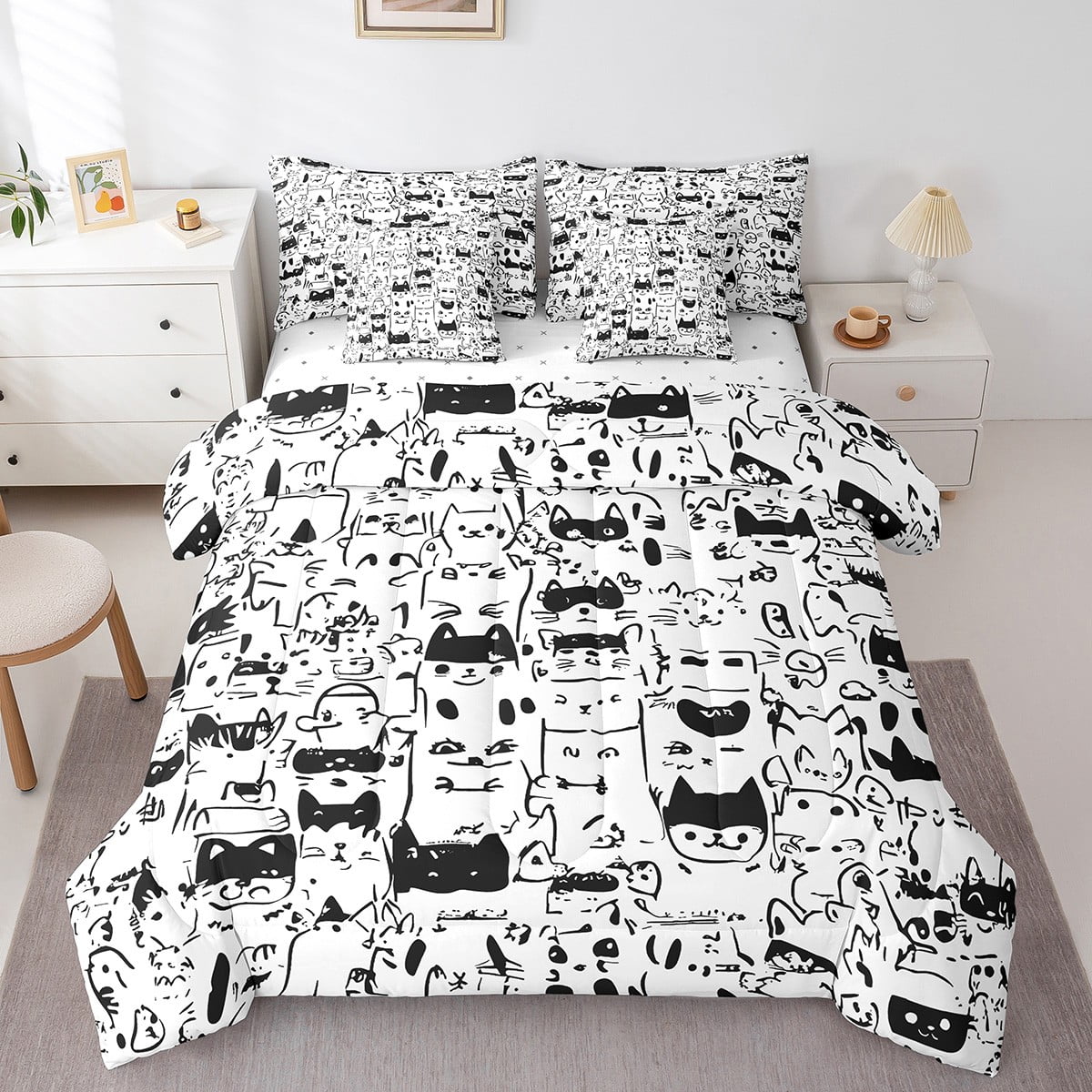 Cartoon Cats 7 Piece Comforter Set Full Bed in a Bag,Black and White ...