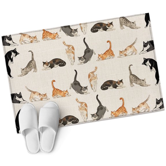 Cartoon Cats Bathroom Rug Washable 2x3 Entryway Rug Non Slip Beige Farmhouse Funny Cute Pets Animals Front Door Mat Low Pile Indoor Doormat Throw Floor Carpet for Kitchen Bedroom Entrance
