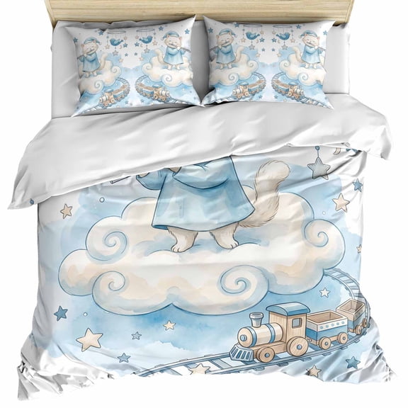 Cartoon Cats Bedding 3 Piece Duvet Cover Set Twin Size, Cute Cats Sleeping Dreams Clouds Watercolor Microfiber Comforter Cover with Zipper Closure & Pillowcases, Wrinkle & FadeResistant Quilt Cover