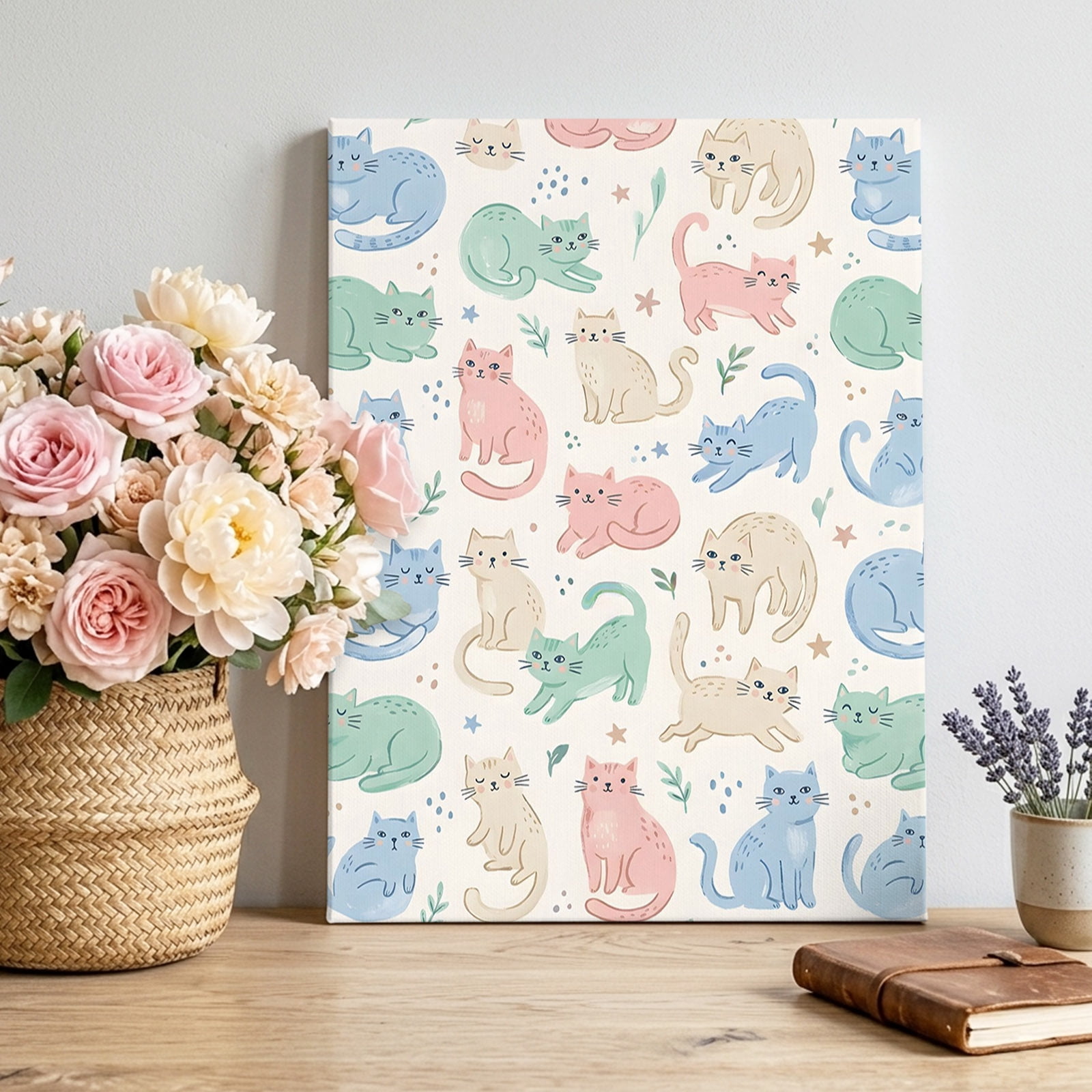 Cartoon Cats Canvas Wall Art, Pink Blue Gre…