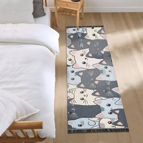 Cartoon Cats Face Runner Area Rug 2x6 Soft Non-Slip Washable Bedside Carpet for Hallway Bedroom Living Room Home Decor