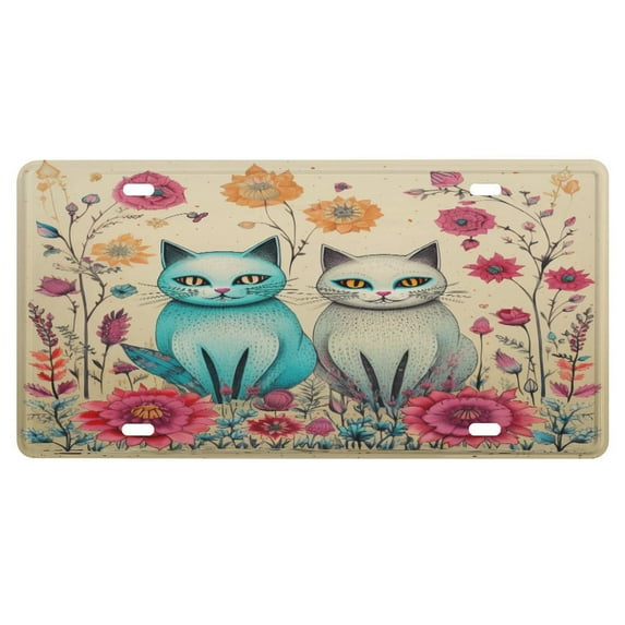 Cartoon Cats And Flowers License Plates Aluminum Metal Covers Funny Cat Theme Vanity Tag with 4 Holes Novelty Auto Car Tag Vanity Gift 6x12 Inch for Women Men