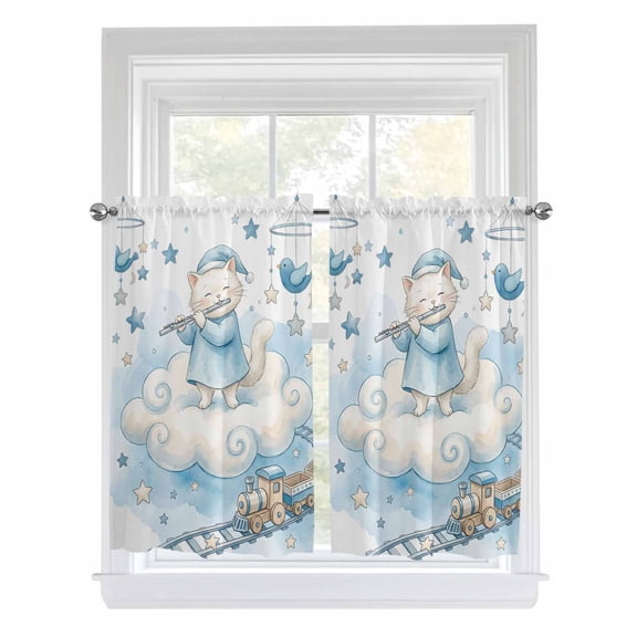 Cartoon Cats Kitchen Curtains 45 Inch Length, Cute Cats Sleeping Dreams Clouds Watercolor Rod Pocket Light Filtering Window Curtains Living Room Bedroom Curtain Drapes Cafe Curtain 42''x45''x2
