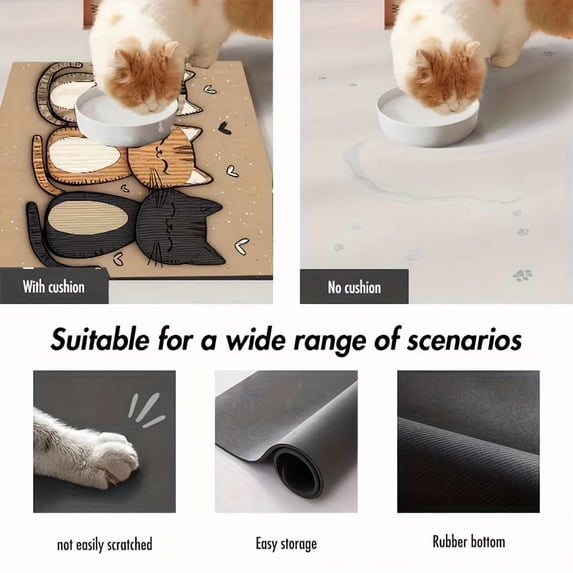 Cartoon Cats Pattern Mat Rug, Pet Feeding Mat with Cute Cat Pattern, Dog Cat Food Water Bowl Mat, Non-Slip Pet Placemat for Kitchen Floor, A Size:L