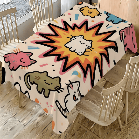 Cartoon Cats Pattern Tablecloth 55x77.1 inches - Kawaii Cat Design for Dining, Desk, Party, Outdoor Use