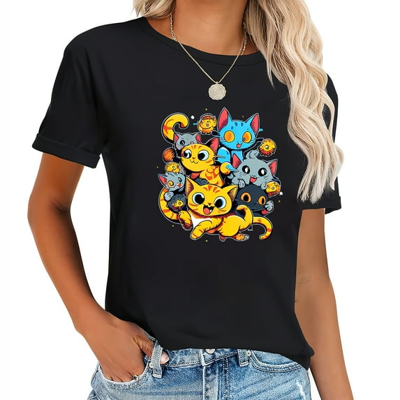 Cartoon Cats Playing Cute Women's Short Sleeve T-Shirt with Graphics Perfect Gift for Christmas Halloween Thanksgiving and Birthday Parties Black