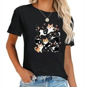 Cartoon Cats Playing Women's Casual Vintage Graphic T-Shirt - Short Sleeve Tee with Cool 70s Style Print Perfect Birthday or Christmas Gift Black