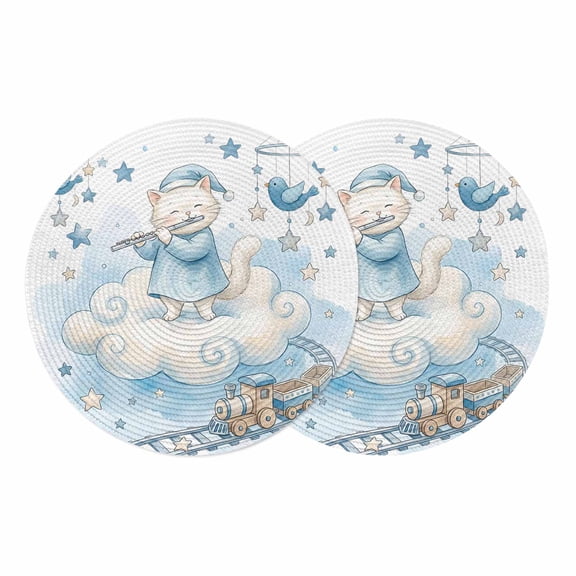 Cartoon Cats Round 13 Inch Placemats Set of 2, Cute Cats Sleeping Dreams Clouds Watercolor HeatResistant Non Slip Place Mats for Dining Table, Wipeable Braided Kitchen Table Mats for Housewarming