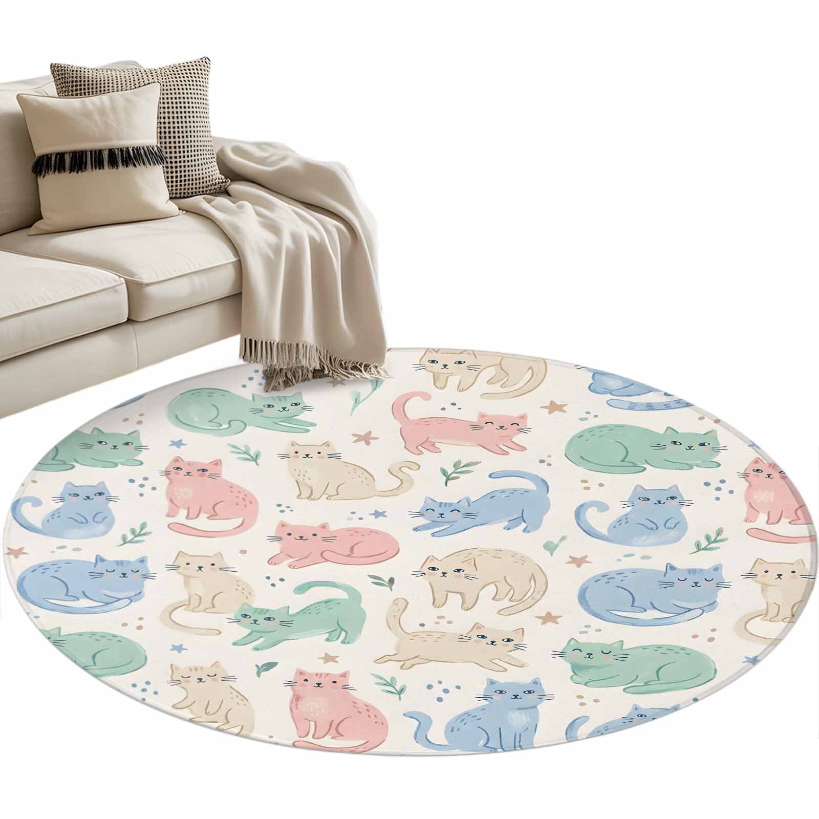 Cat Loop Rug Cartoon Cats Round Rug 3.3ft Washable Circle Entryway Rugs Non Slip ...