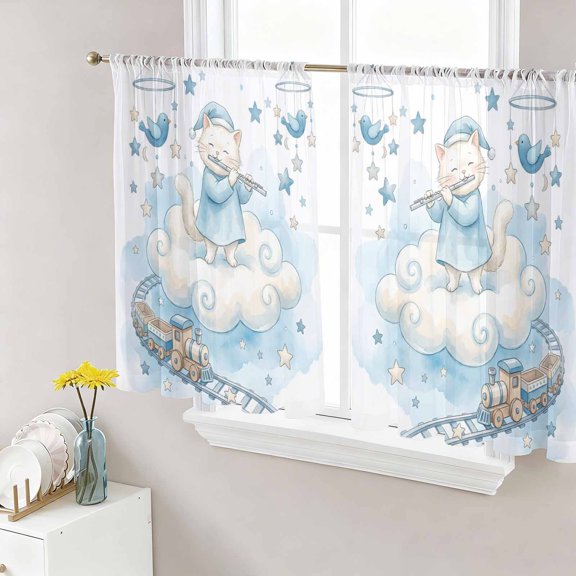 Cartoon Cats Sheer Curtains 45 Inch Length 2 Panels Set, Cute Cats Sleeping Dreams Clouds Watercolor Voile Window Treatment Rod Pocket Small Kitchen Curtains Drapes for Bedroom 52"x45"x2