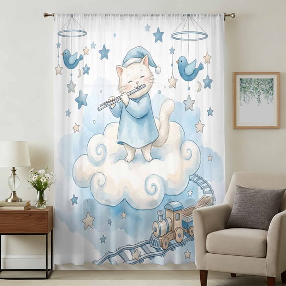 Cartoon Cats Sheer Curtains 45 Inches Long for Bedroom, Cute Cats Sleeping Dreams Clouds Watercolor Light Filtering Privacy Drapes, Breathable Semi Sheer Short Window Treatment for Cafe Bathroom