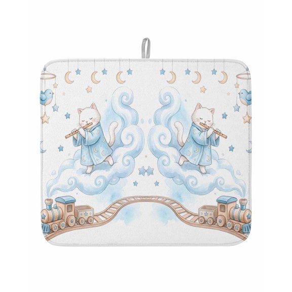Cartoon Cats Stars Clouds Rail Orbiting Dish Drying Mats for Kitchen Counter,Absorbent Microfiber Dish Drainer Rack Mat Blue Birds Moon Drying Pad for Sinks,Utensils,Countertops,16x18in