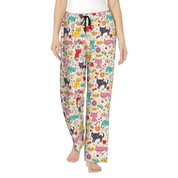 Cartoon Cats Women's Comfy Pajama Pants with Pockets,Soft Stretch Drawstring Lounge Pants, Soft Casual Wide Leg PJS Sleep Bottoms X-Large