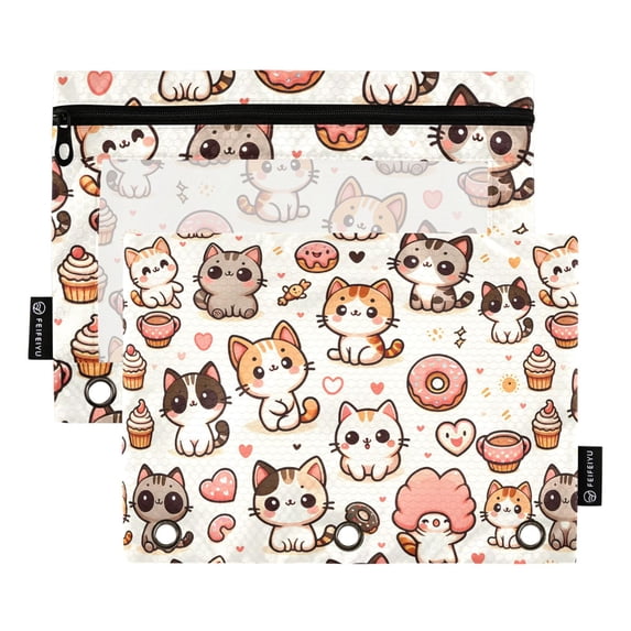 Cartoon Cats and Dessert 2 Pack Pencil Pouch for 3 Ring Binder Smooth Zipper Folders with Pockets Clear Window Pencil Case