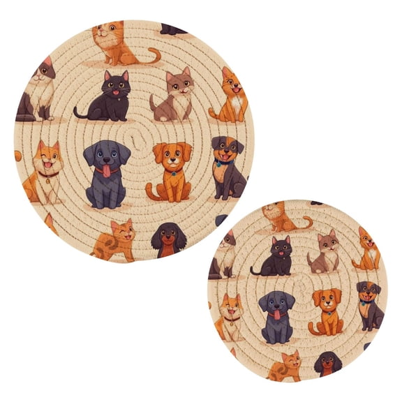 Cartoon Cats and Dogs Pattern Cotton Braided Potholders, 2 Pack Heat-Resistant Pads 7.09'' and 9.45''