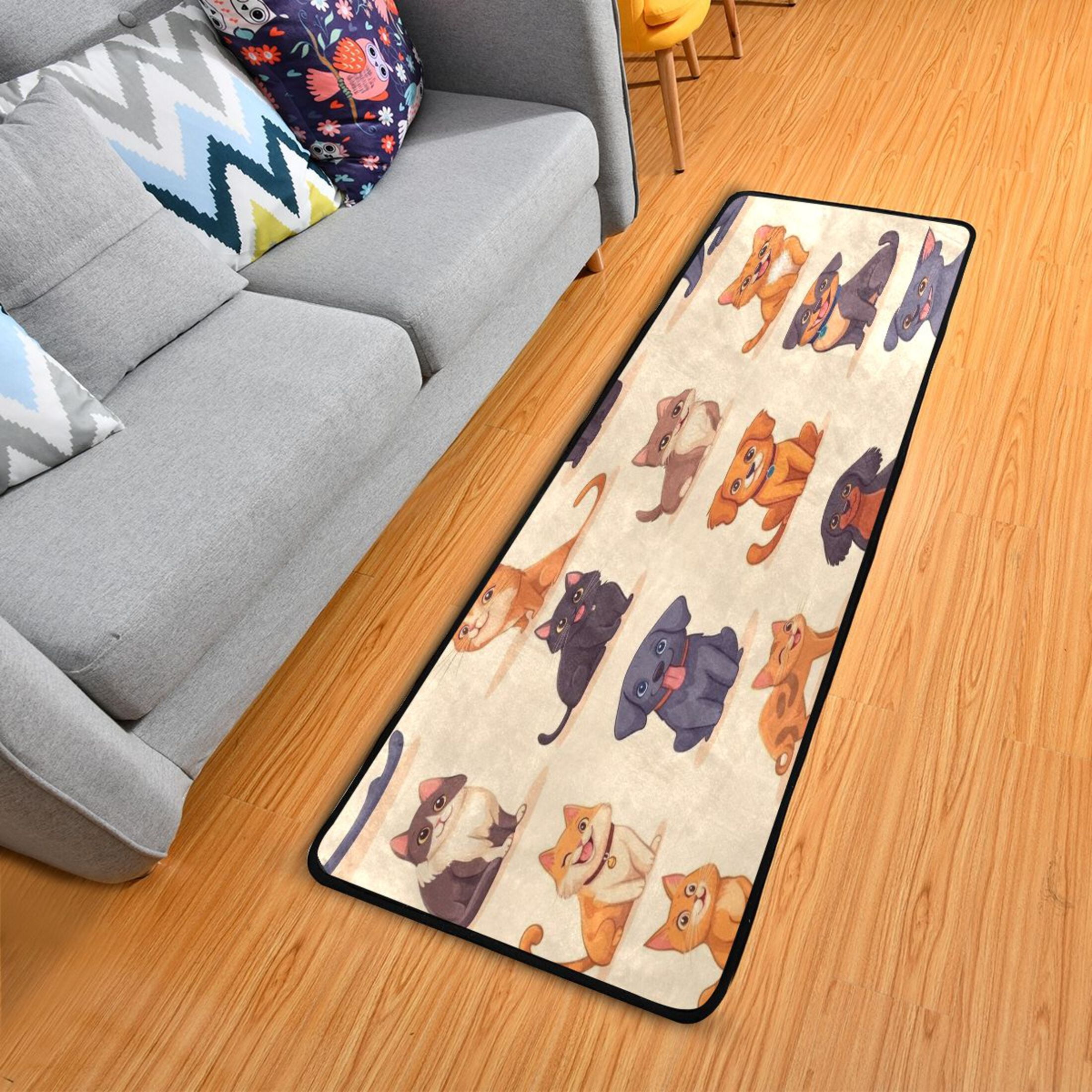 Cartoon Cats and Dogs Pattern 72x24" Runner Rug, Non-Slip Memory Foam Cushion, Anti-Crease for Hallways and Bedrooms