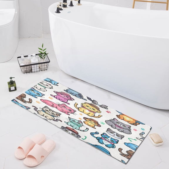 Cartoon Cats with Hat Bath Mat 39x20 Non-Slip Bathroom Rugs Absorbent Soft Plush Quick Dry for Tub Shower Kitchen Home Decor