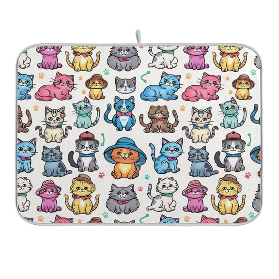 Cartoon Cats with Hat Dish Drying Mat 16x18 Absorbent Microfiber Draining Rack Pad for Kitchen Counter Sink
