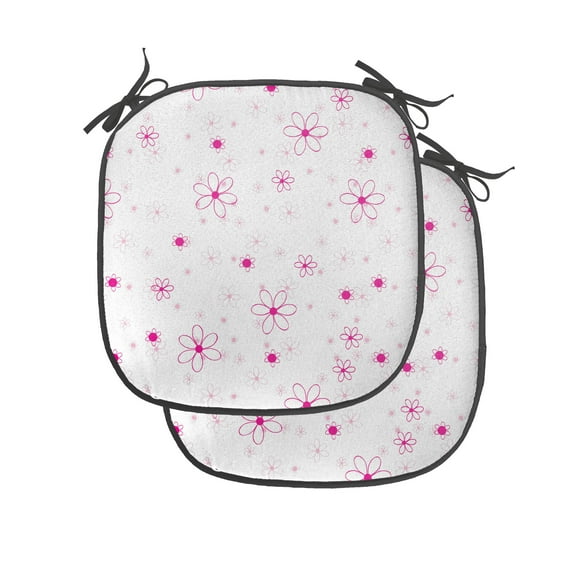 Cartoon Chair Seating Cushion Set of 2, Pattern with Flowers Simple Classic Art Springtime Garden Cheerful, Seat Pads for Office with Anti-slip Backing, 16"x16", Magenta Fuchsia White, by Ambesonne