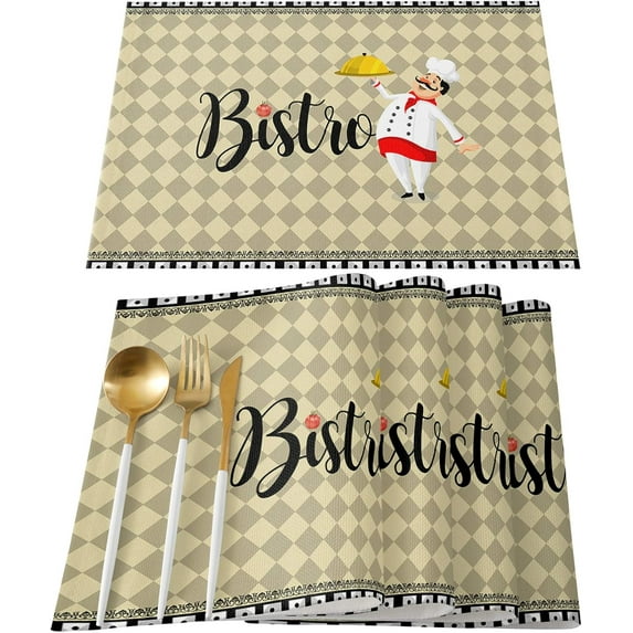 Cartoon Character Chef Vinatge Farm Buffalo Plaid Placemats for Dinning Table Set of 6 Waterproof Cloth Table Mats, Cotton Linen Place Mats Fabric Dinner Mat Easy Clean Farmhouse Resistant