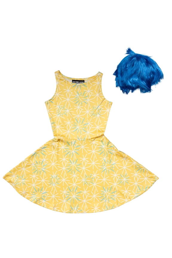 Cartoon Character Cosplay Joy Yellow Dress and Blue Wig Complete Halloween Costume Set for Kids (X-Small)