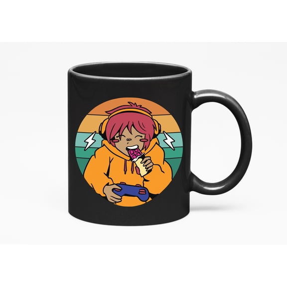 Cartoon Character Eating Chocolate & Video Gaming, Black 11oz Ceramic Mug