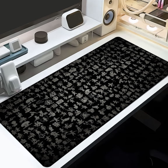 Cartoon Character Pattern Rubber Mouse Pad 31.5 x 11.82 Inches Black and White Design for Office Desk and Gaming Setup