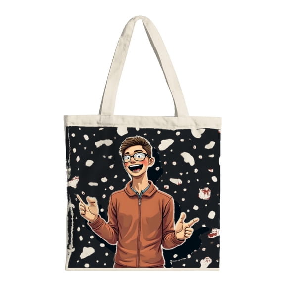 Cartoon Character Tote Bag - Brown Hair & Glasses Orange Jacket Smiling in Space with Stars Rocket & Cat - Reusable Canvas Bag for Shopping Travel & Parties