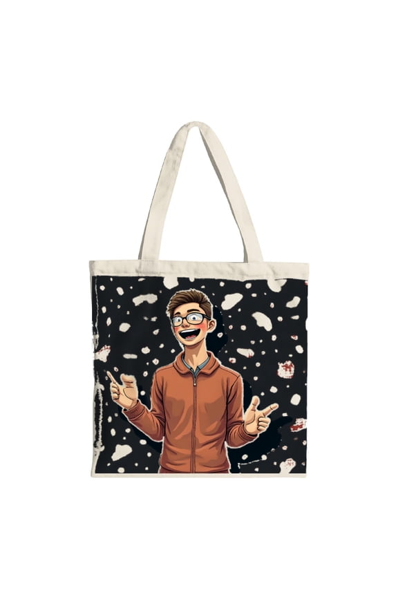 Cartoon Character Tote Bag - Brown Hair & Glasses Orange Jacket Smiling in Space with Stars Rocket & Cat - Reusable Canvas Bag for Shopping Travel & Parties