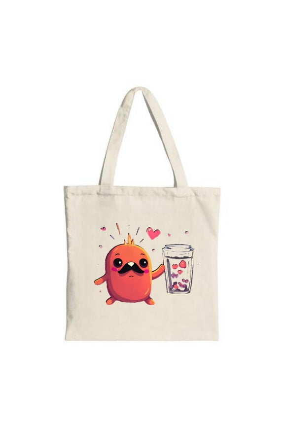 Cartoon Character Tote Bag - Red Body Black Crown Colorful Hearts - Fun & Whimsical Canvas Bag for Shopping & Travel