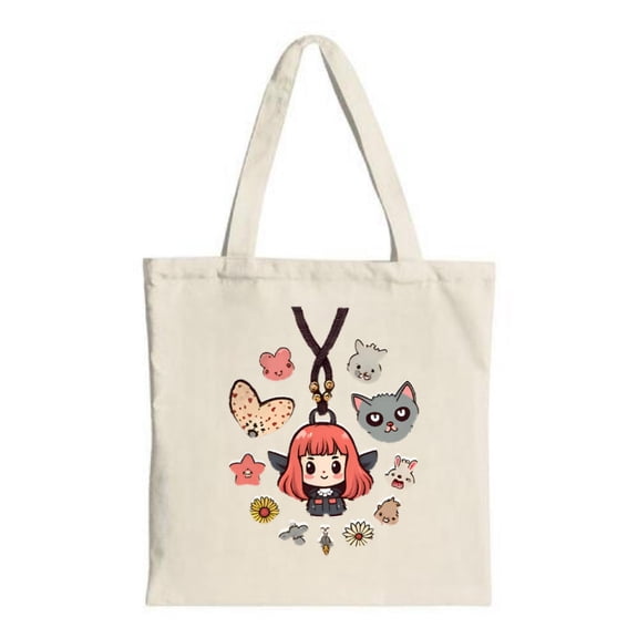Cartoon Character Tote Bag - Red - Haired Character Surrounded by Colorful Animals Perfect for Shopping Travel & Parties