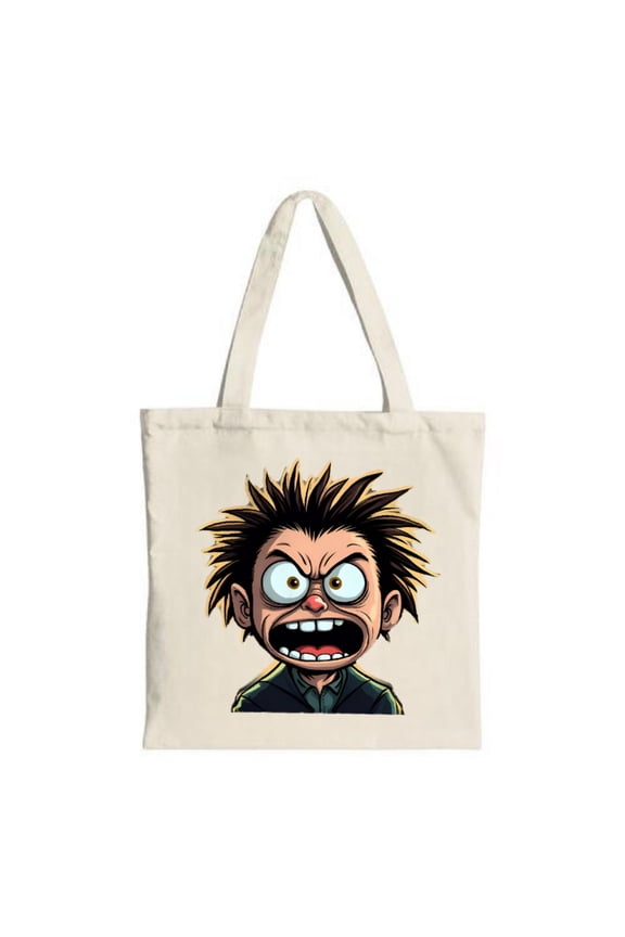Cartoon Character Tote Bag - Spiky Black Hair Blue Eyes Open Mouth - Stylish Canvas Bag for Shopping Travel & Parties