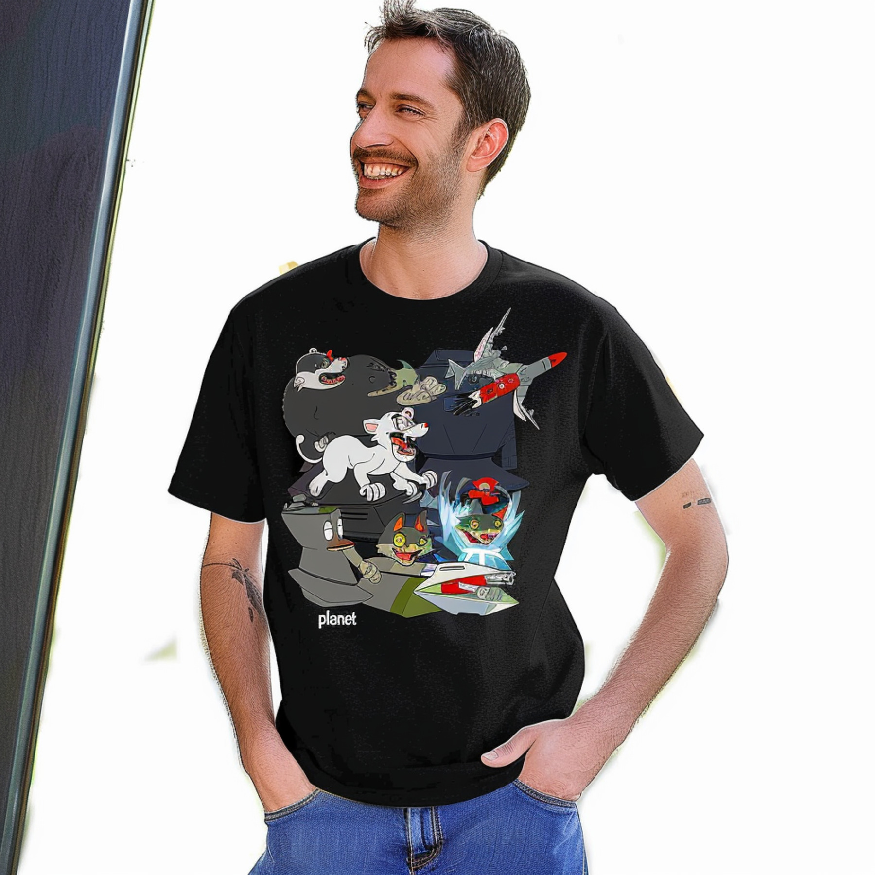 Cartoon Characters Spaceship Design Black T Shirt Men's Smiling Blue ...